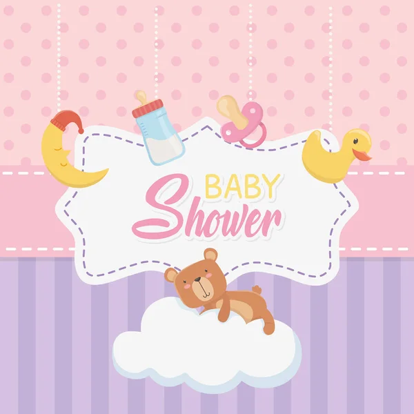 Baby shower card with little bear teddy and accessories set — Wektor stockowy