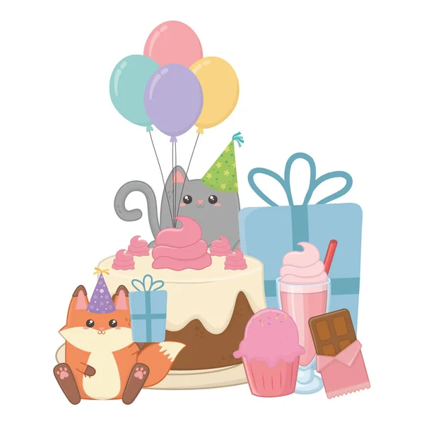 Kočka a liška v oslavě šťastných narozenin — Stockový vektor