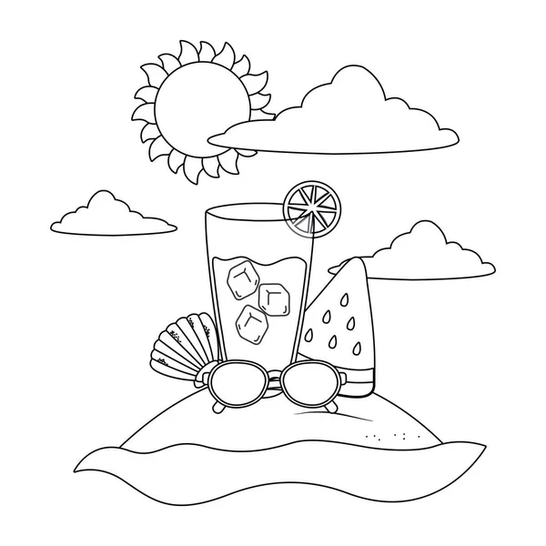 Dibujos animados de playa en blanco y negro — Vector de stock