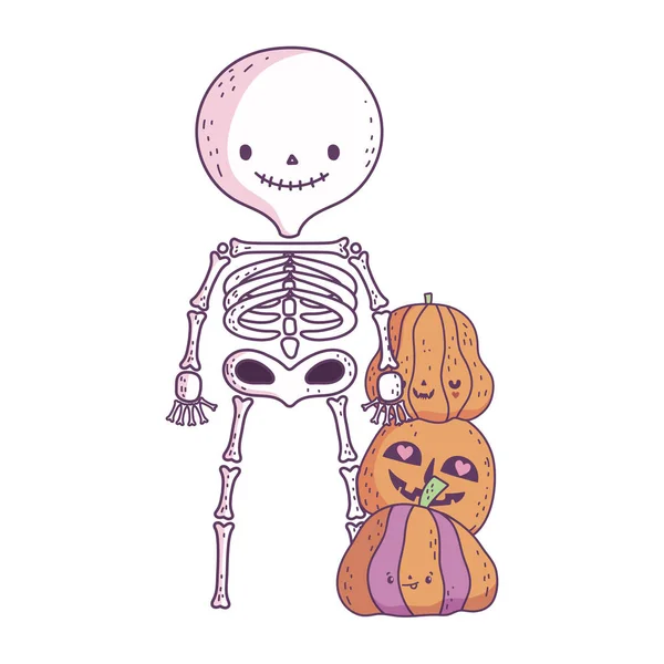 Happy halloween celebration skeleton and pile pumpkins — стоковый вектор