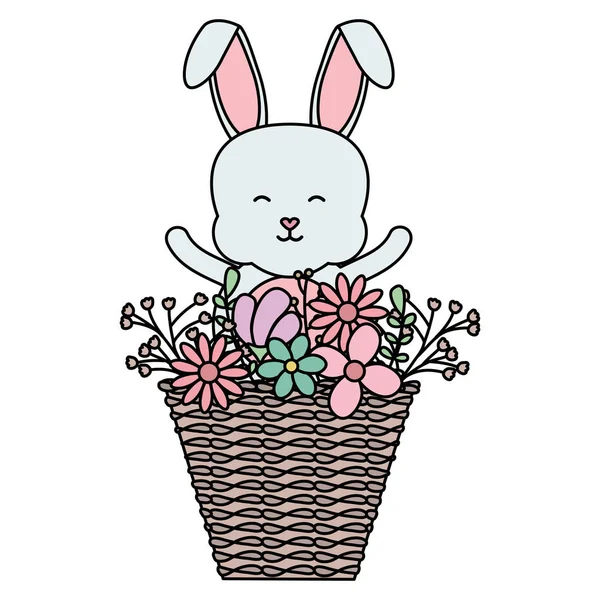 Lindo conejito con canasta de paja y flores — Vector de stock
