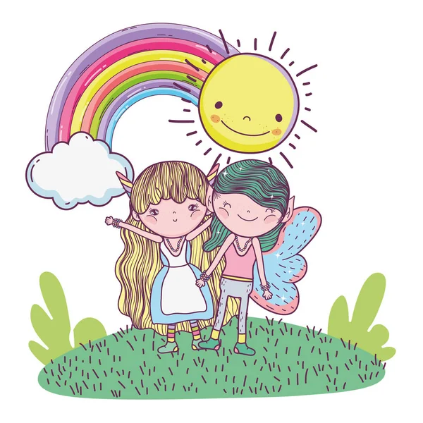 Lindo poco hadas pareja con arco iris y sol — Vector de stock