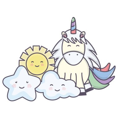 Sevimli şirin tek boynuzlu at, bulutlar ve güneş kawaii karakterleri.