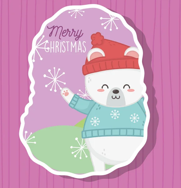 Urso polar bonito com chapéu e camisola flocos de neve alegre natal —  Vetores de Stock