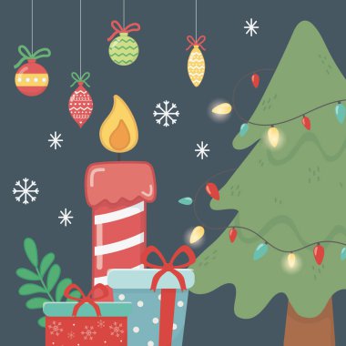 tree lights garland balls candle and gifts celebration merry christmas poster