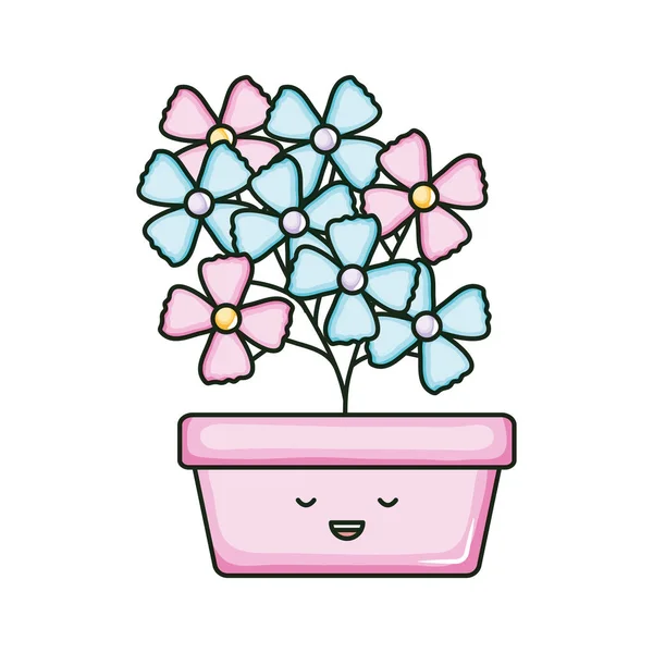 Bloemen in vierkante keramische pot kawaii karakter — Stockvector