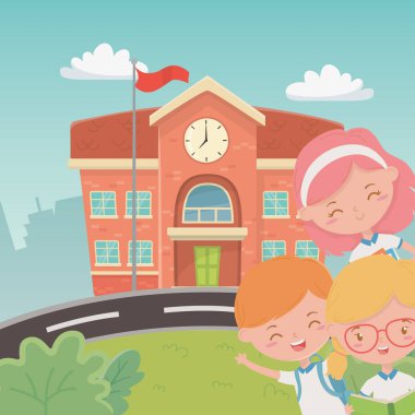 school building with kids in the landscape scene
