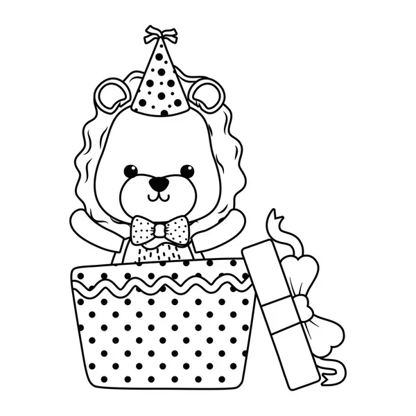 León de dibujos animados con feliz cumpleaños icono de diseño — Vector de stock