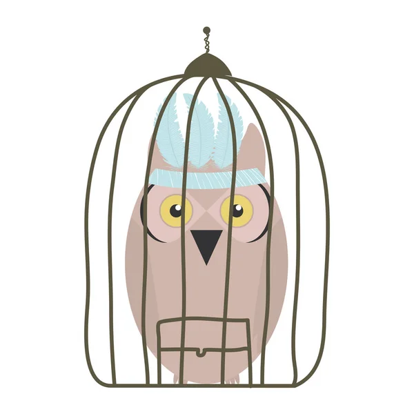 Owl bird with feathers hat in cage bohemian style — Stock Vector