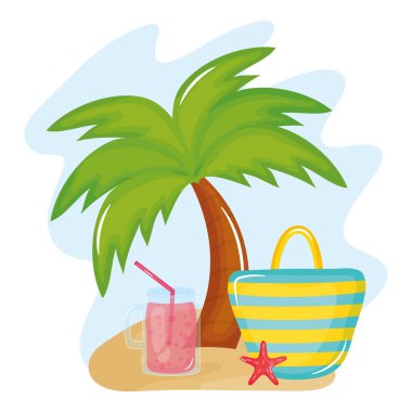 summer holiday poster with hand bag and icons