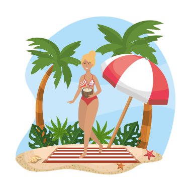 woman wearing swimsuit with umbrella and towel with palms trees