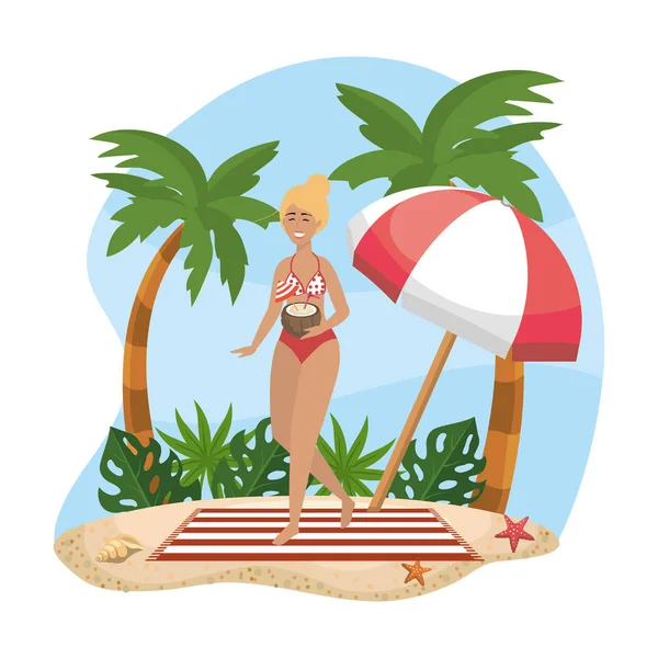 Woman wearing swimsuit with umbrella and towel with palms trees — Stock Vector