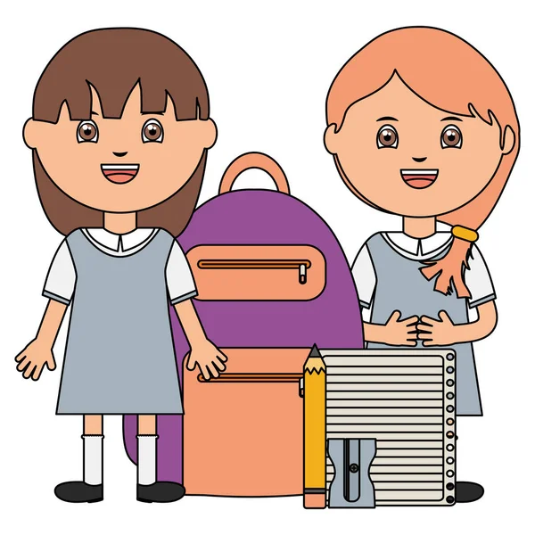 Cute little students girls with schoolbag and supplies — Vetor de Stock