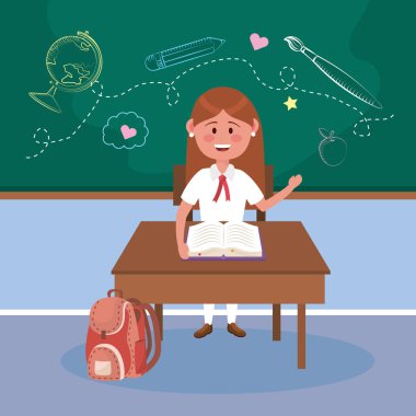 girl student in the desk with book and backpack