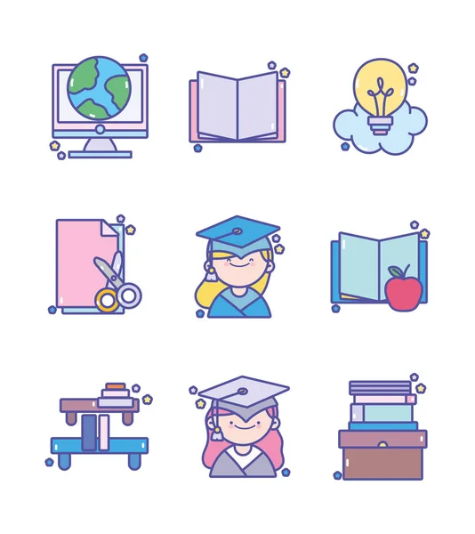 Back to school education learn icons set — Stock Vector