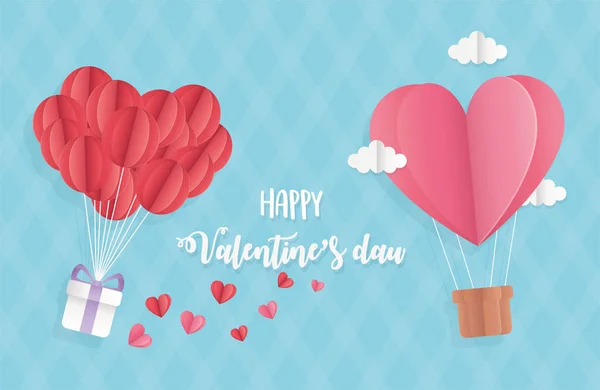 Happy valentines day origami balloons with gift and air balloon clouds — Stockový vektor