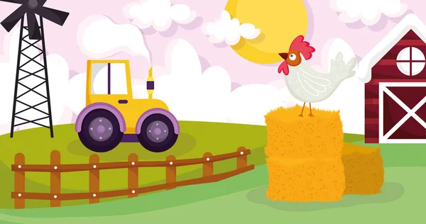 Rooster in hay tractor wnidmill barn field farm animals — Vector de stock