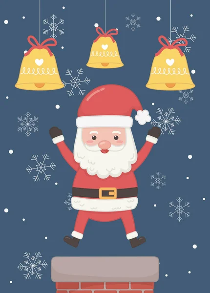 Άγιος Βασίλης καμινάδα και καμπάνες Καλά Χριστούγεννα κάρτα — Διανυσματικό Αρχείο