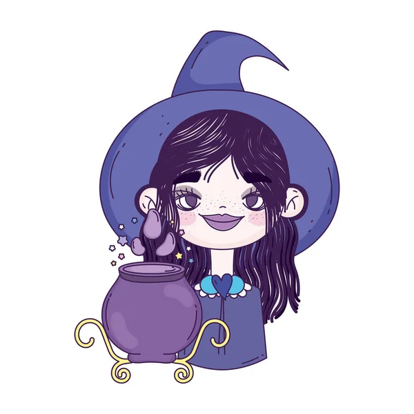 Feliz halloween celebração menina com chapéu bruxa caldeirão feitiço —  Vetores de Stock