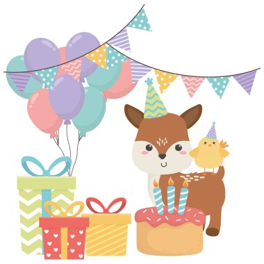Reindeer and chicken with happy birthday icon design