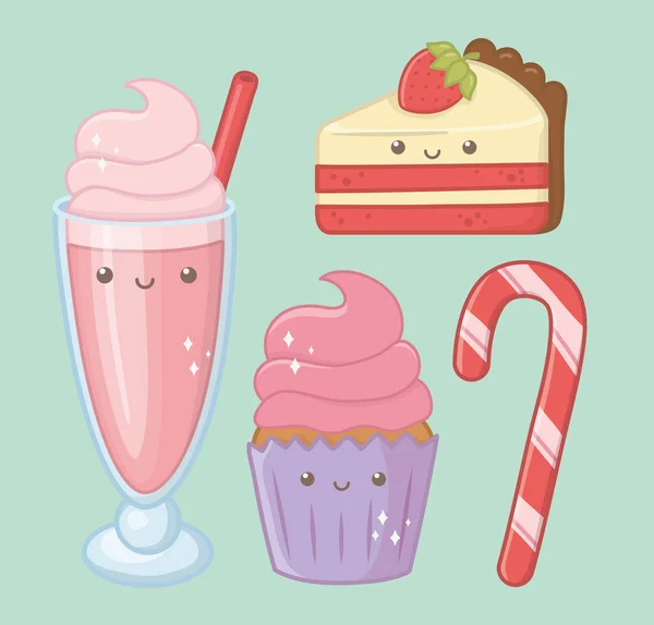 Delicious and sweet products kawaii characters — Vector de stock