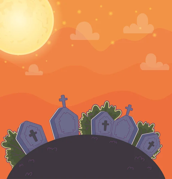 Cemitério lápides arbustos noite truque ou deleite, feliz halloween —  Vetores de Stock