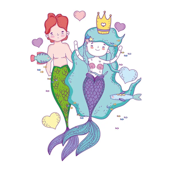 Couple mermaids with hearts characters — Stock Vector