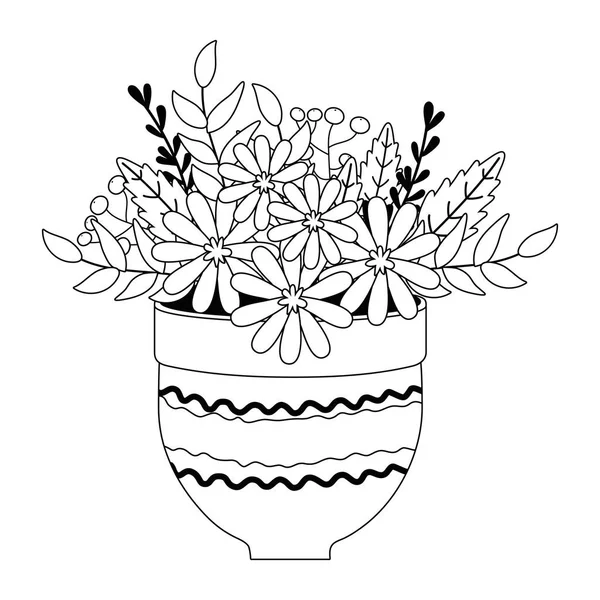 Blommor och blad inuti potten vektor design — Stock vektor