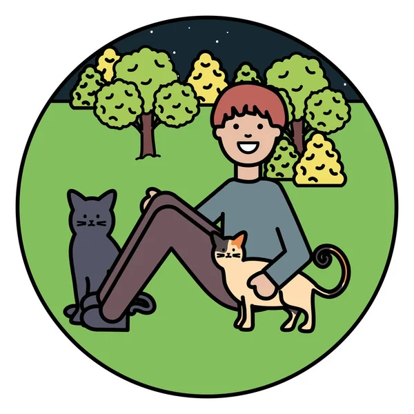 Giovane uomo con simpatici gatti mascotte sul parco — Vettoriale Stock