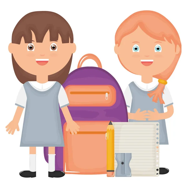 Cute little students girls with schoolbag and supplies — Vetor de Stock