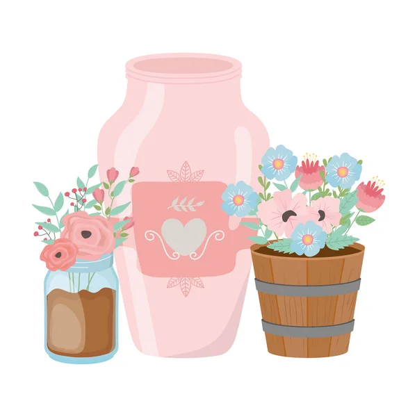 Flowers and leaves inside pots vector design — Stock Vector