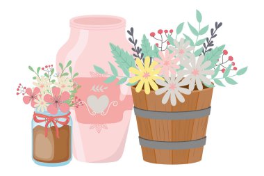 Flowers and leaves inside pots vector design
