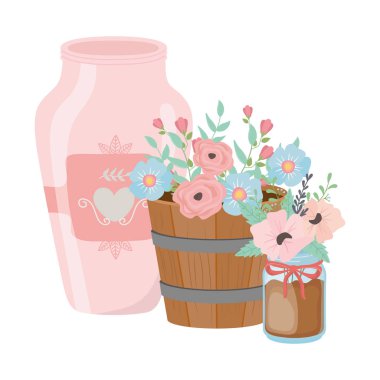 Flowers and leaves inside pots vector design