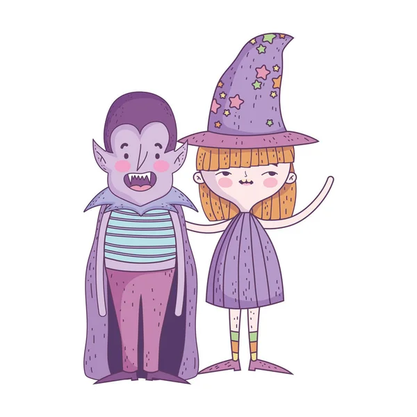 Šťastný halloween oslava dívka s kloboukem čarodějnice a dracula chlapec — Stockový vektor