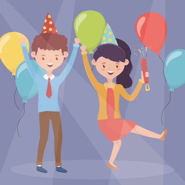 Pareja feliz con los cafés y globos celebración fiesta. — Vector de stock