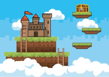 Arcade oyun dünya ve piksel sahne tasarım vektör illüstrasyon