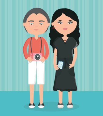 young couple with camera photographic urban style