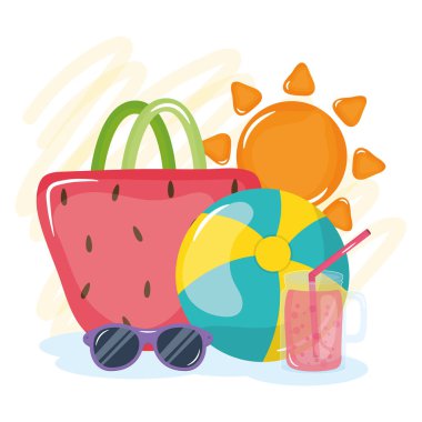 summer holiday poster with hand bag and icons