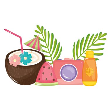 tropikal hindistan cevizi kokteyl ve kamera fotoğraf