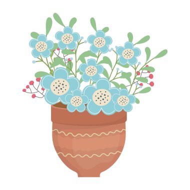 Saksı vektör tasarımında çiçekler ve yapraklar