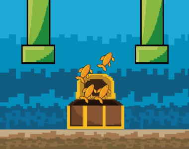 Arcade oyun dünya ve piksel sahne tasarım vektör illüstrasyon