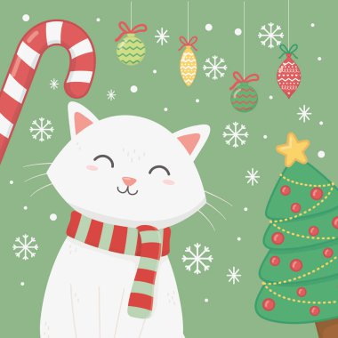 Beyaz kedi eşarp şeker kamışı ve ağaç kutlaması Mutlu noeller posteri