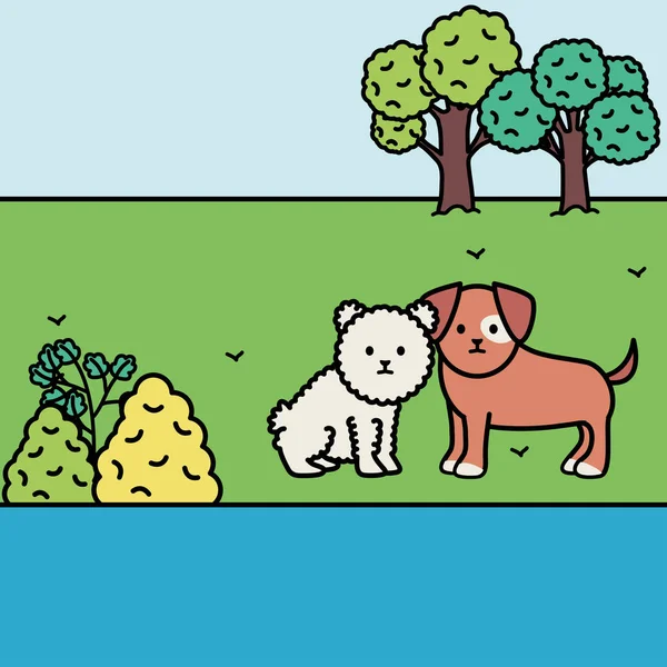 Piccoli cani adorabili mascotte nel paesaggio — Vettoriale Stock