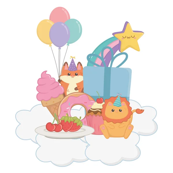 Lev a liška v oslavě šťastných narozenin — Stockový vektor