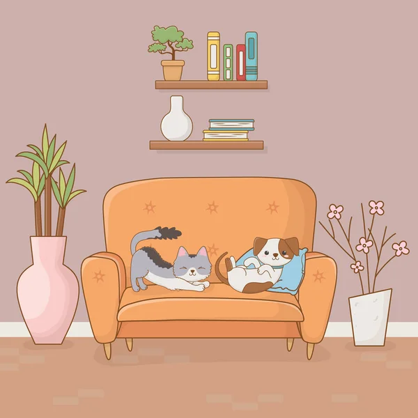 Petites mascottes de chiens et de chats dans la pièce de la maison — Image vectorielle