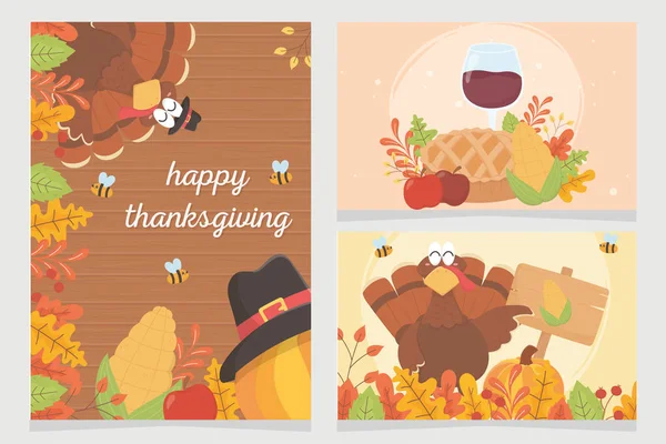 Happy thanksgiving celebration posters turkey pumpkin pilgrim hat foliage — Stock Vector