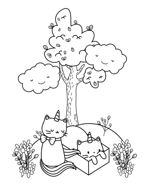 Unicorn cat cartoon couple vector design — Image vectorielle