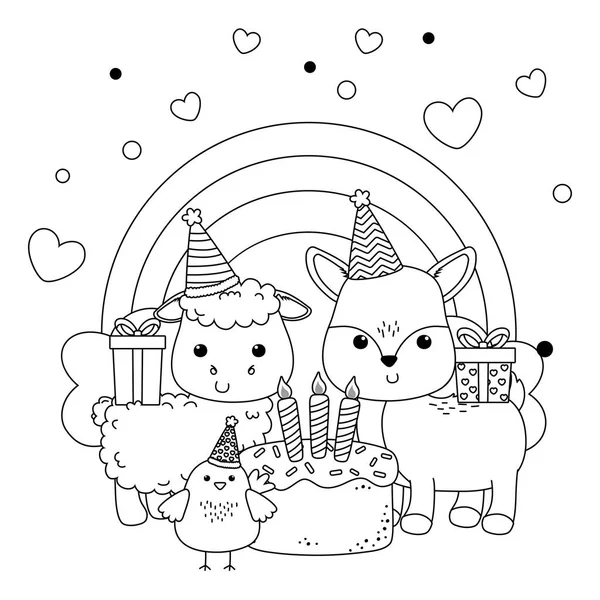 Sheep reindeer and chicken with happy birthday icon design — vektorikuva