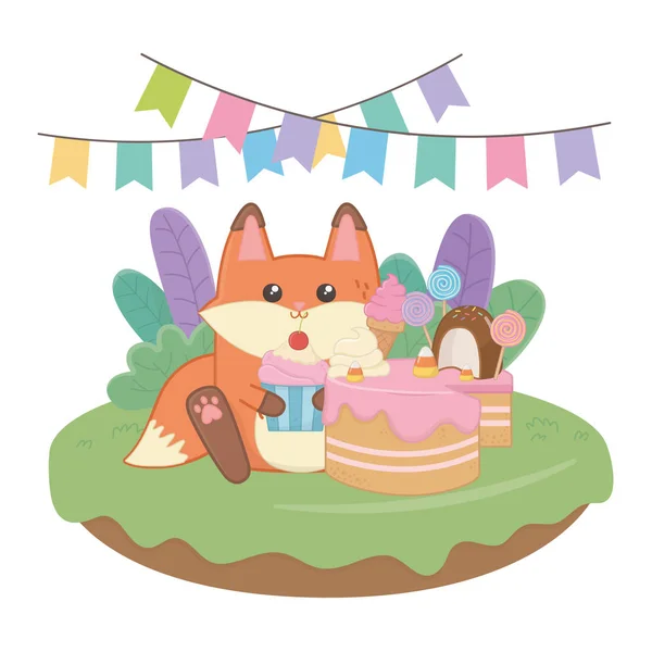 Liška Kawaii se šťastným designem narozeninového dortu — Stockový vektor