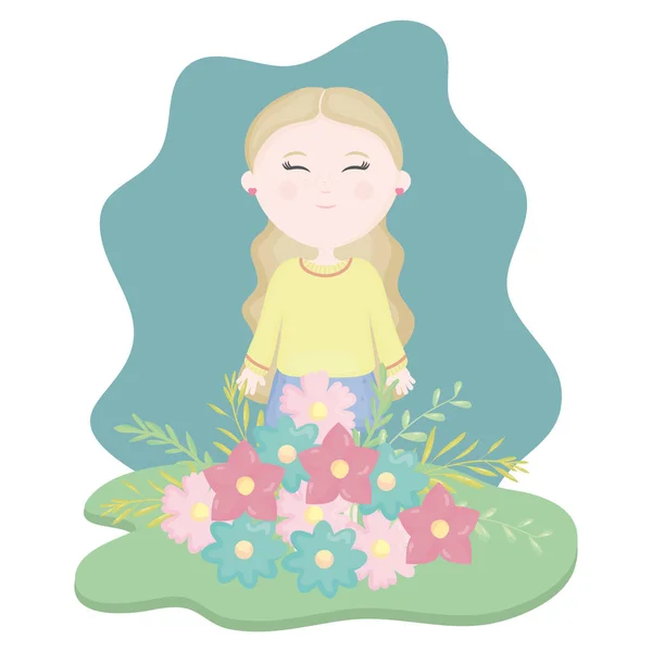 Linda niña con bouquet floral en el campo. — Vector de stock